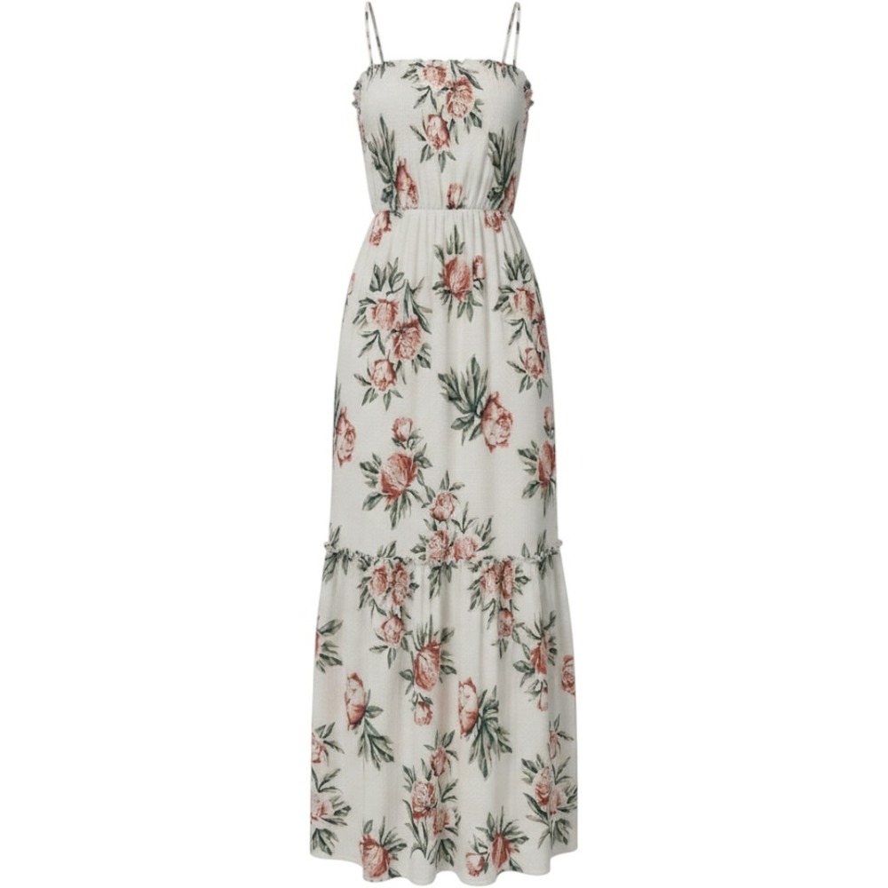 Dee Elly Floral Smocked Tie-Strap Tiered Maxi Dress Size Small Garden Party